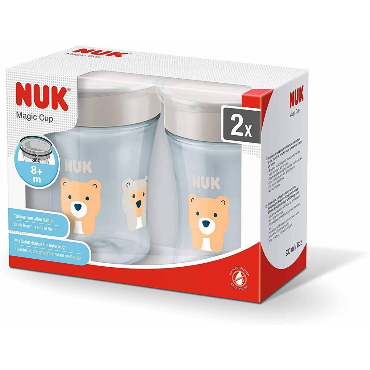 NUK Magic Cup set de tasse antifuite, rebord antifuite 360°, à partir de 8 mois, 230 ml, sans BPA, tigre et ours