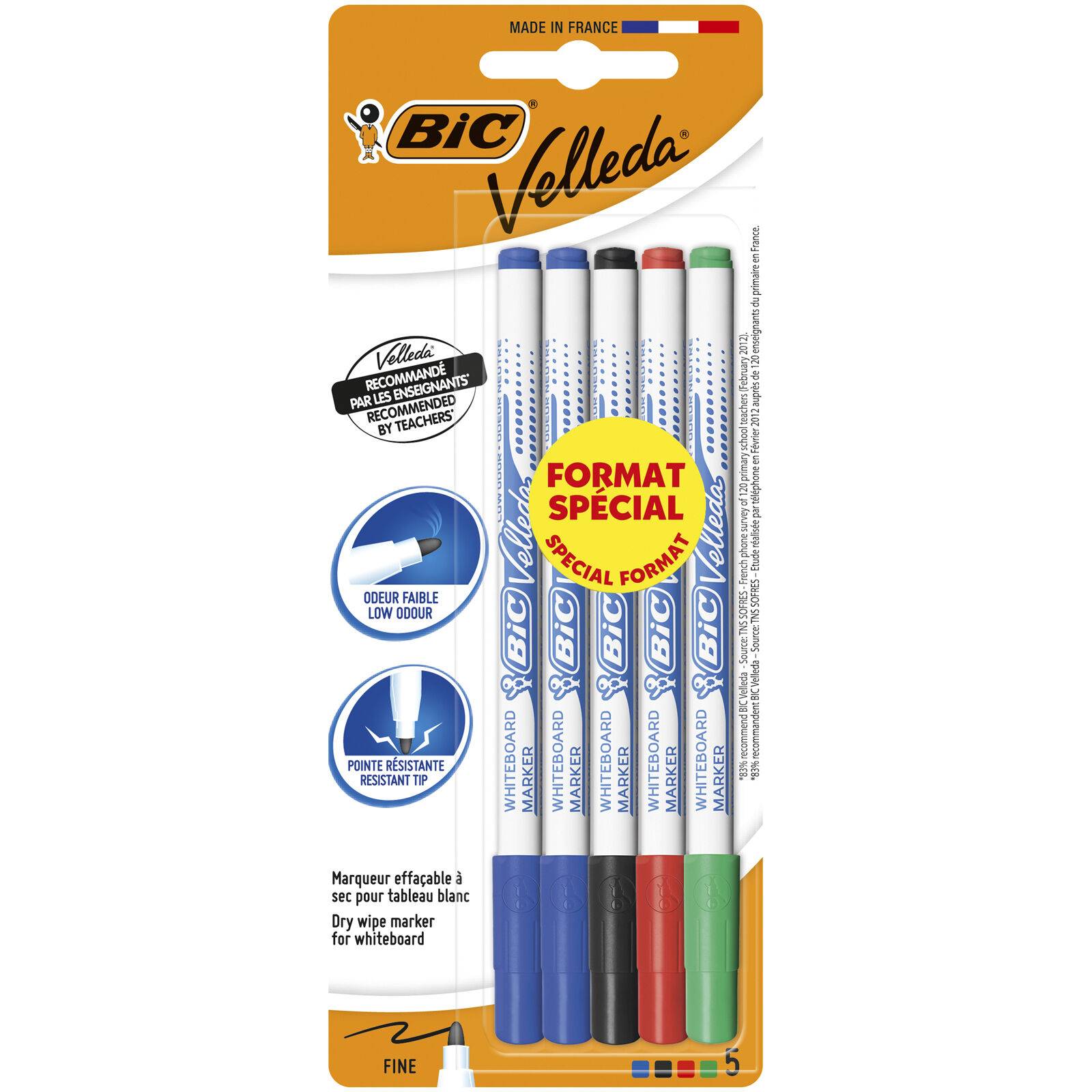 Pack of 5 Bic Velleda White Board Markers Dry Wipe Board Assorted Colours