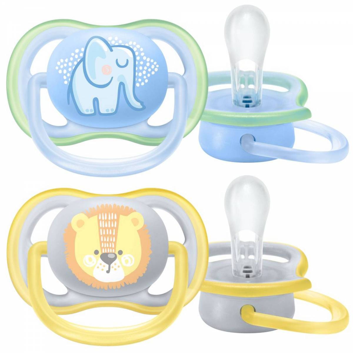 Set of 2 Advent Pacifiers 0 to 6 months Lion and Elephant