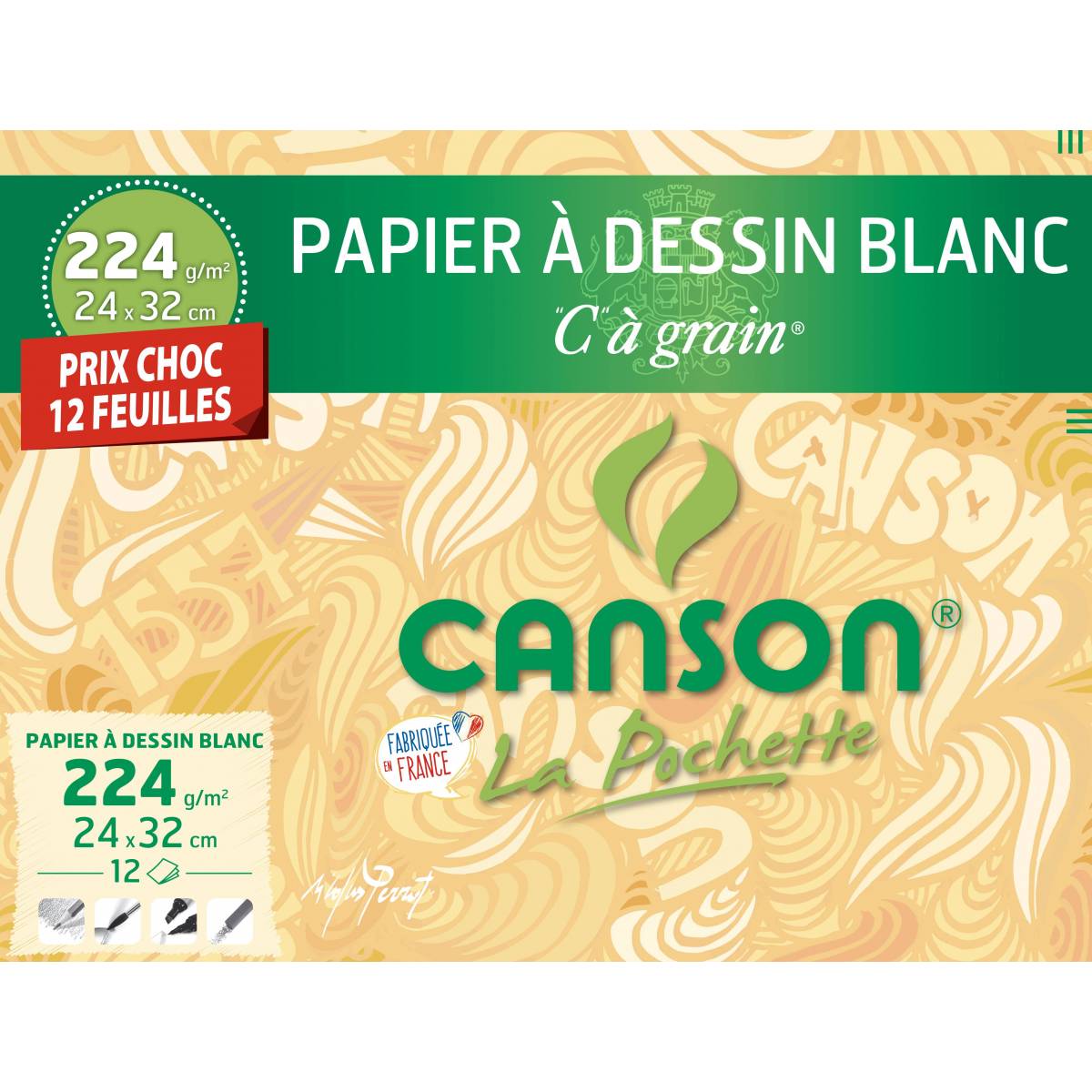 12 White drawing papers CANSON C grain 24 X 32 CM