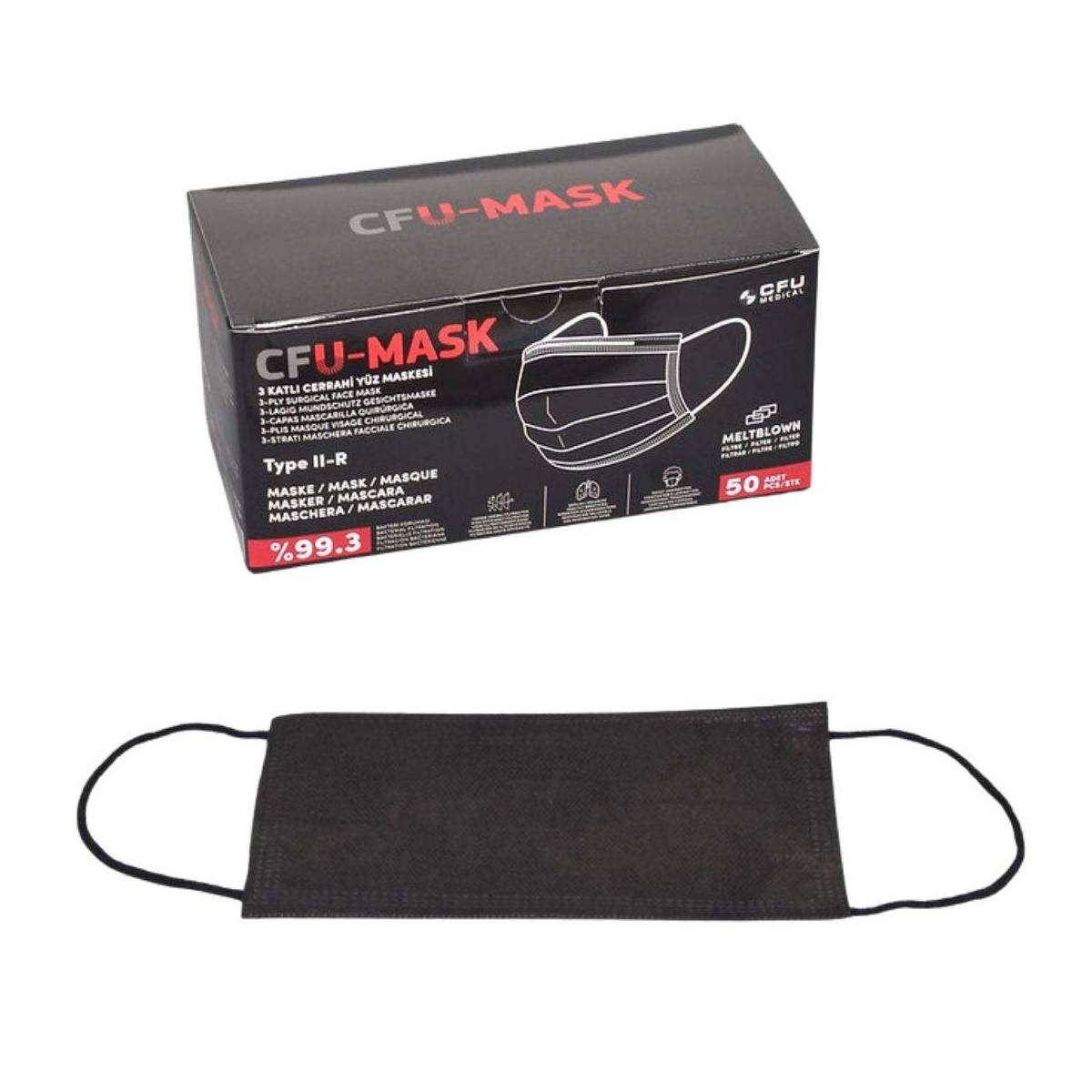 50 Masques Noir Chirurgical Type II-R CFU-MASK 99.3% Filtration