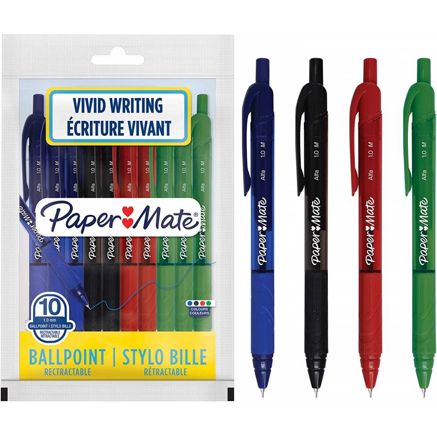 Assorted Pack of 10 Paper Mate Alfa Retractable Medium Point Ballpoint Pens