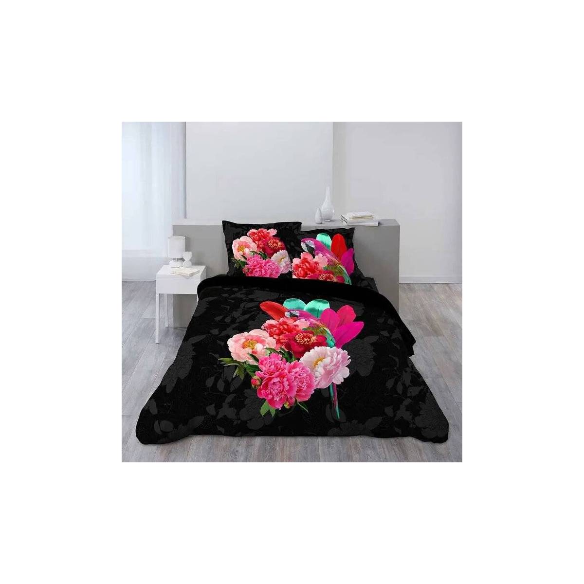 Housse de couette Fleurs & Perroquet Perropink 240 x 220 cm noire