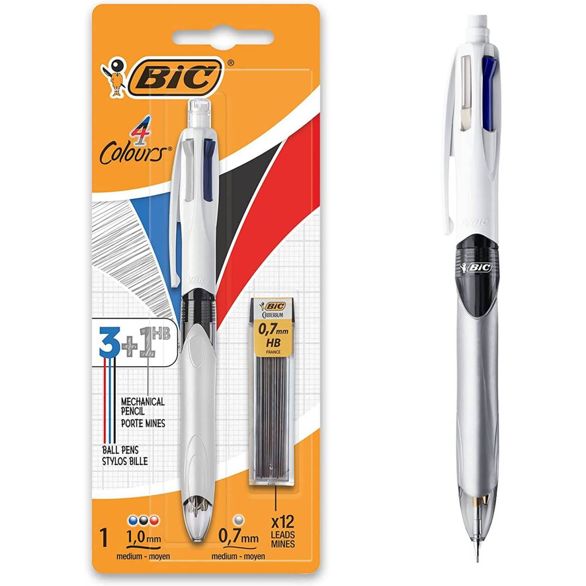 Penna 4 Colori BIC 3+1 HB + Ricarica da 12 mine