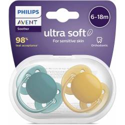 Set de 2 chupetes Philips Avent 6-18 meses Ultra Soft Azul y Amarillo