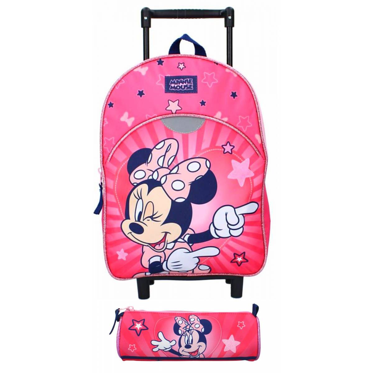 Pack Sac à dos à roulettes + trousse Minnie Mouse étoile rose