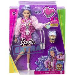 Barbie Extra poupée articulée 30cm cheveux violets + figurine Bulldog