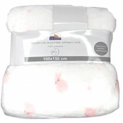Manta Microfibra Estampado Conejo 100x150 cm Blanco / Rosa