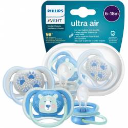 Philips AVENT 2 Sucettes Ultra Air - Bleu - Décor Ours 6/18 mois