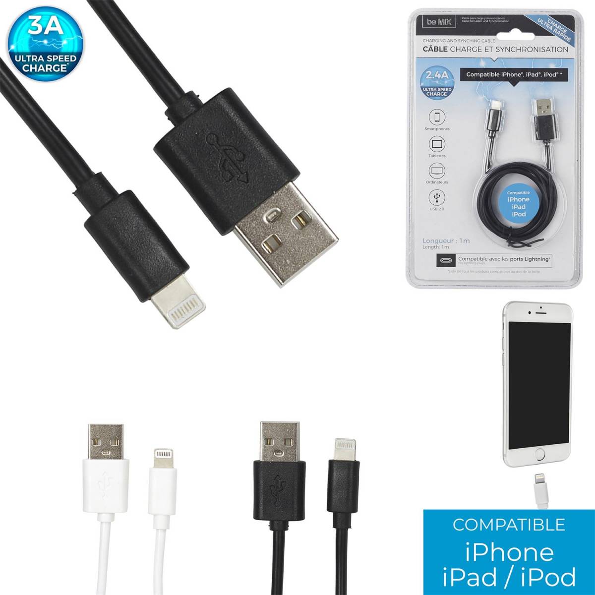 Cable Iphone Charge Ultra Rapide 2.4A Lightning BE MIX - MaxxiDiscount