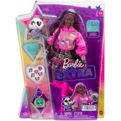 Barbie Extra Poupée avec Panda Cheveux Bruns avec mèches Roses,