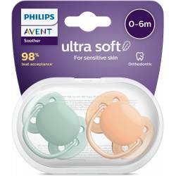 Philips Avent Lot de 2 sucettes ultra-douces sans BPA pour les bébés âgés de 0 à 6 mois, Vert/Orange