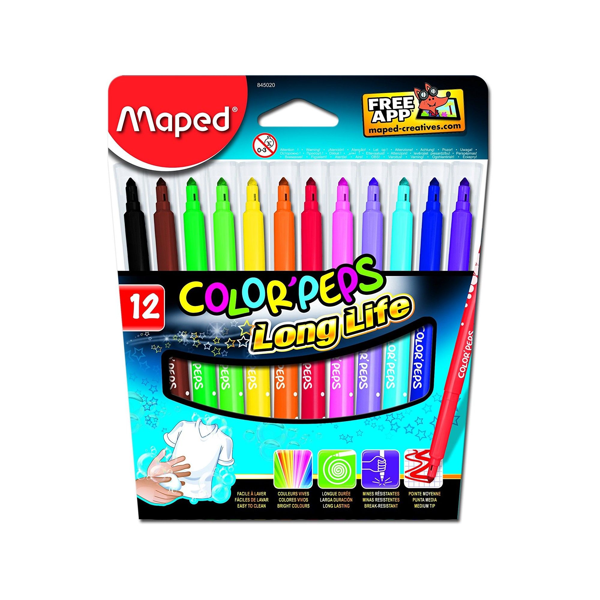 Multicolore 845015 Marca Color'Peps Long Life Pennarelli Lavabili con Astuccio 15x MapedMaped 