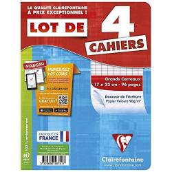 Clairefontaine - Lot de 4 Cahiers Piqué - Grands Carreaux - 96 Pages - 17 x 22 cm